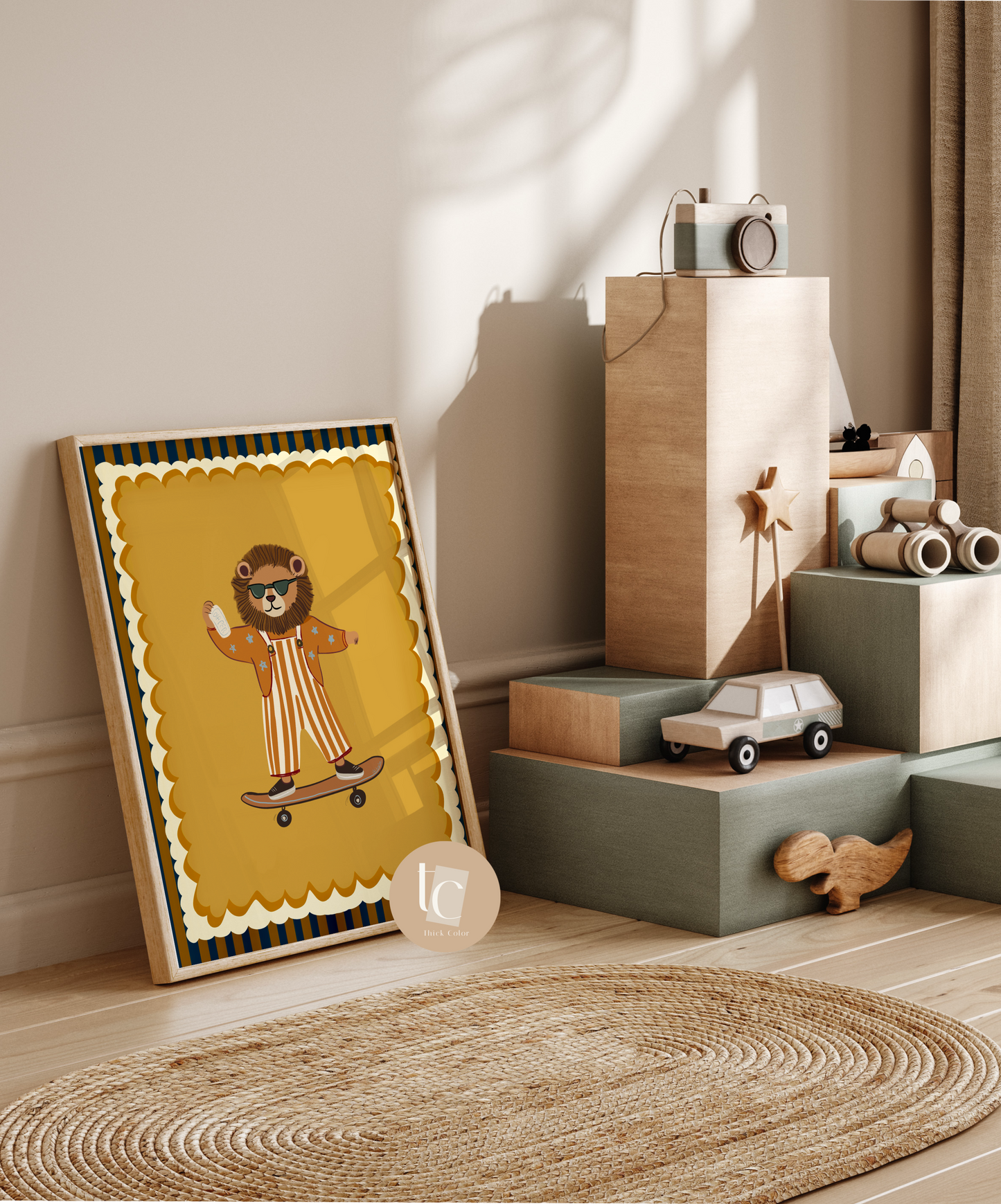 Cute lion with striped outfit skateboarding Nursery print