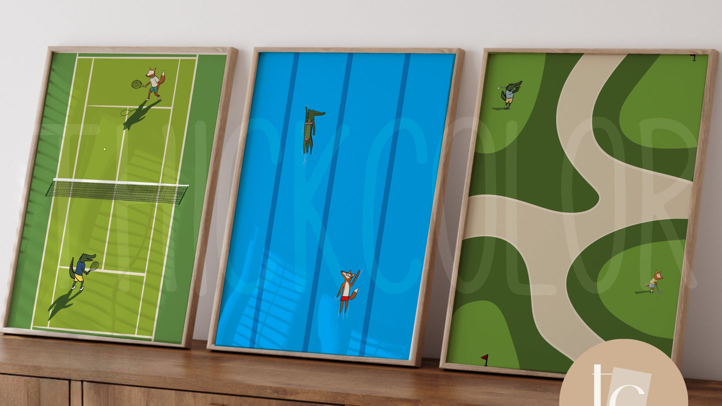 Nursery Golf, Swim, Tennis Sport Set of 3
