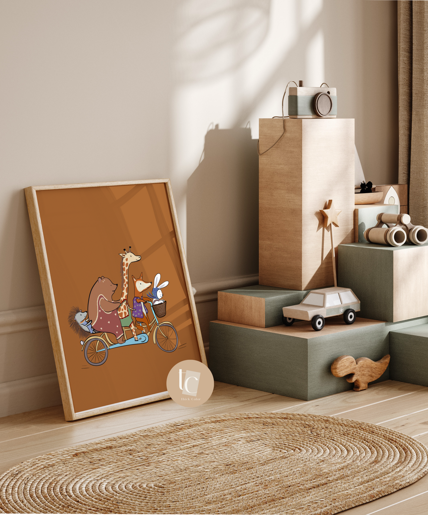 Woodland Animals Friend Riding a Bicycle Pile Nursery print