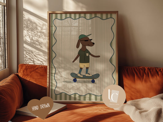 Cute Daschund dog skateboarding with striped background Nursery print