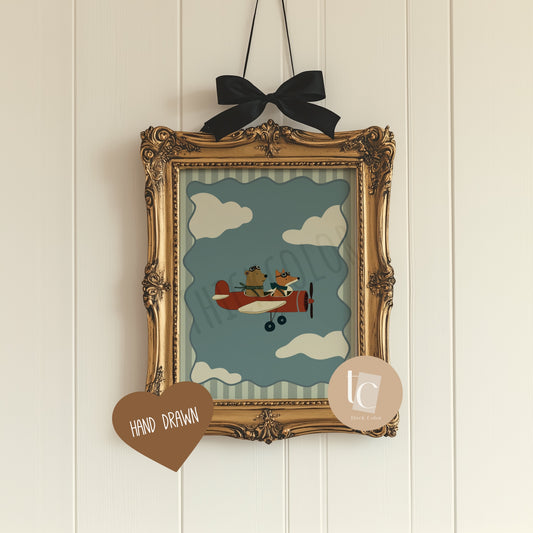 Cute Fox And Bear flying a jet plane with striped background Nursery print