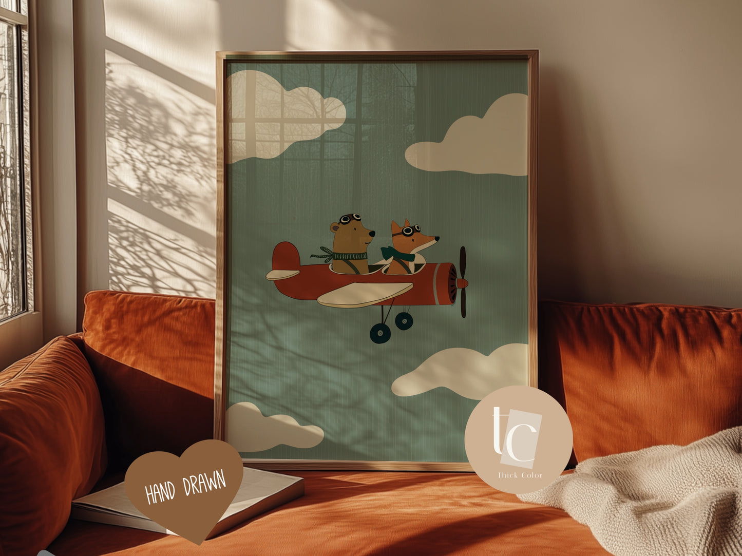 Cute Fox And Bear flying a jet plane with striped background Nursery print