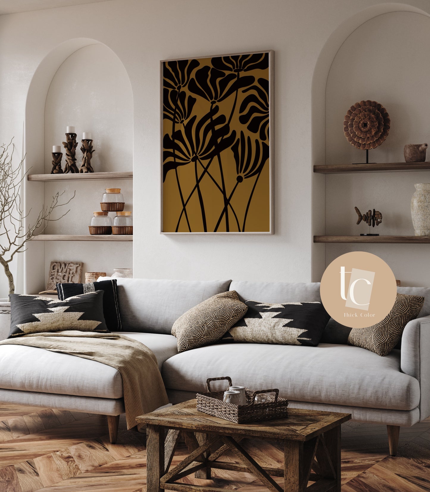 Ochre black flower stem botanical print