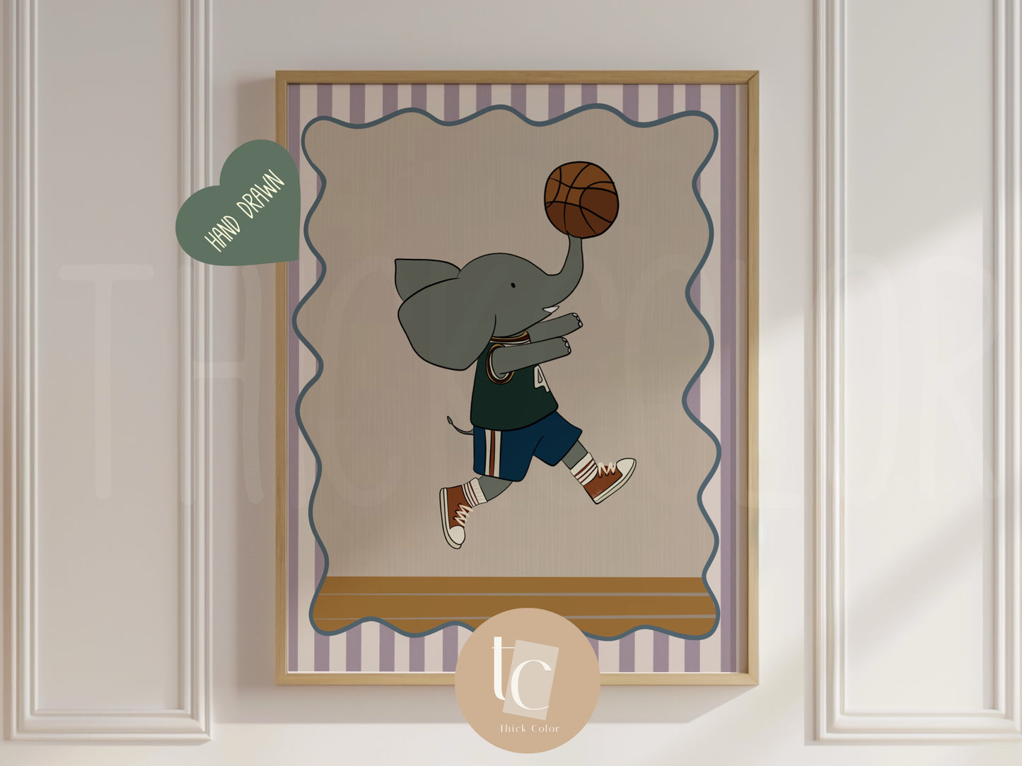 Cute elephant playing basketball with striped background Nursery print