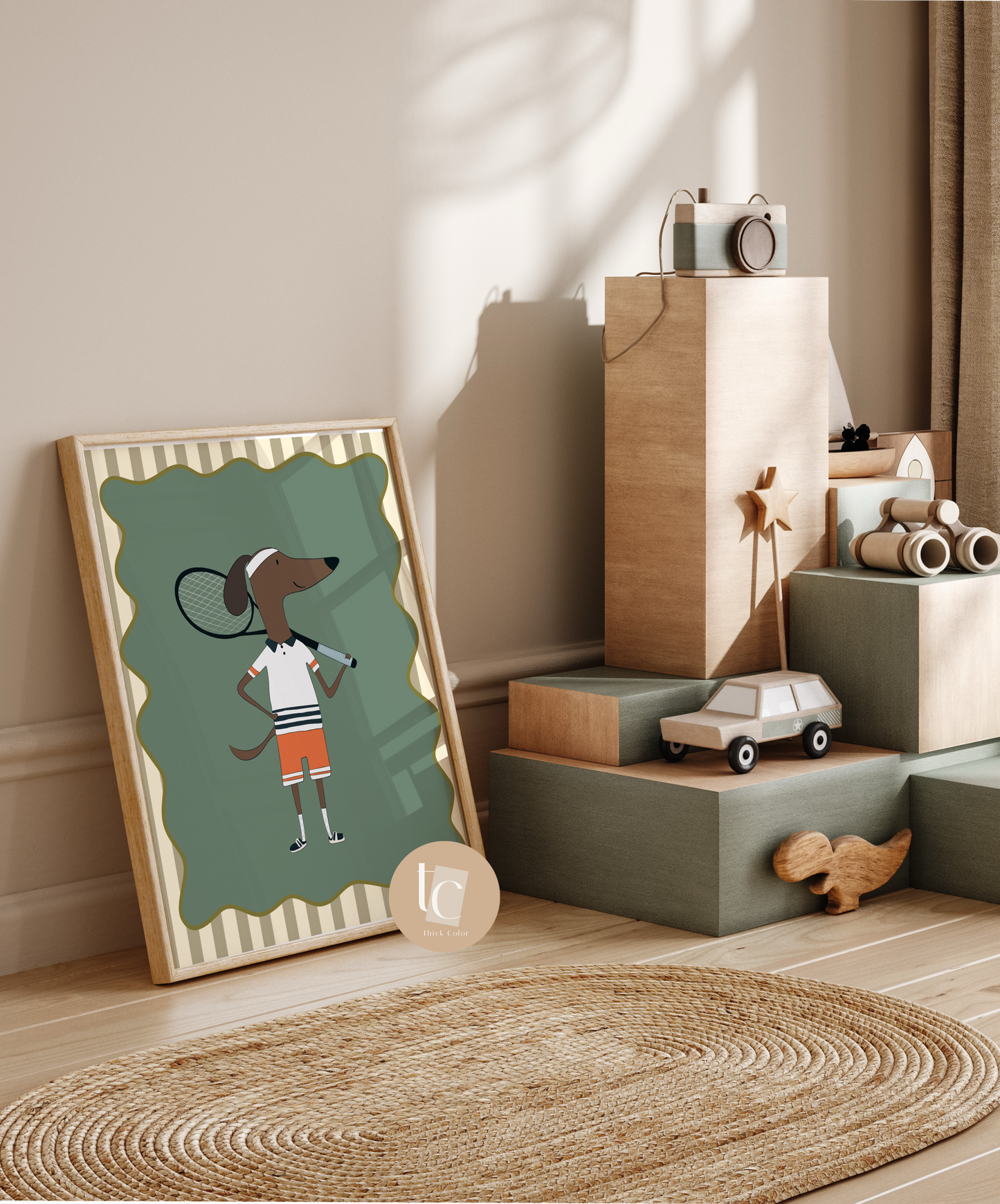 Cute Daschund dog playing tennis with striped background Nursery print