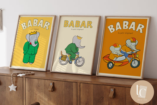 Babar on wheels colorful Edition Nursery print set of 3