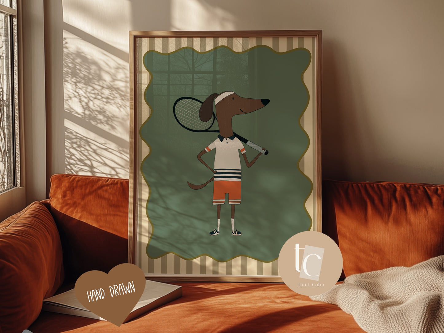 Cute Daschund dog playing tennis with striped background Nursery print