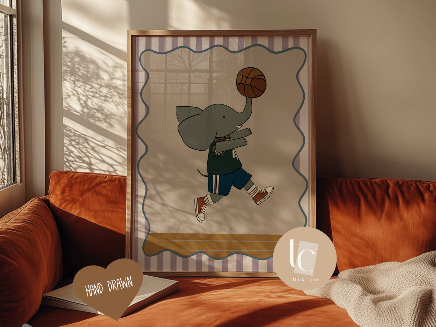 Cute elephant playing basketball with striped background Nursery print