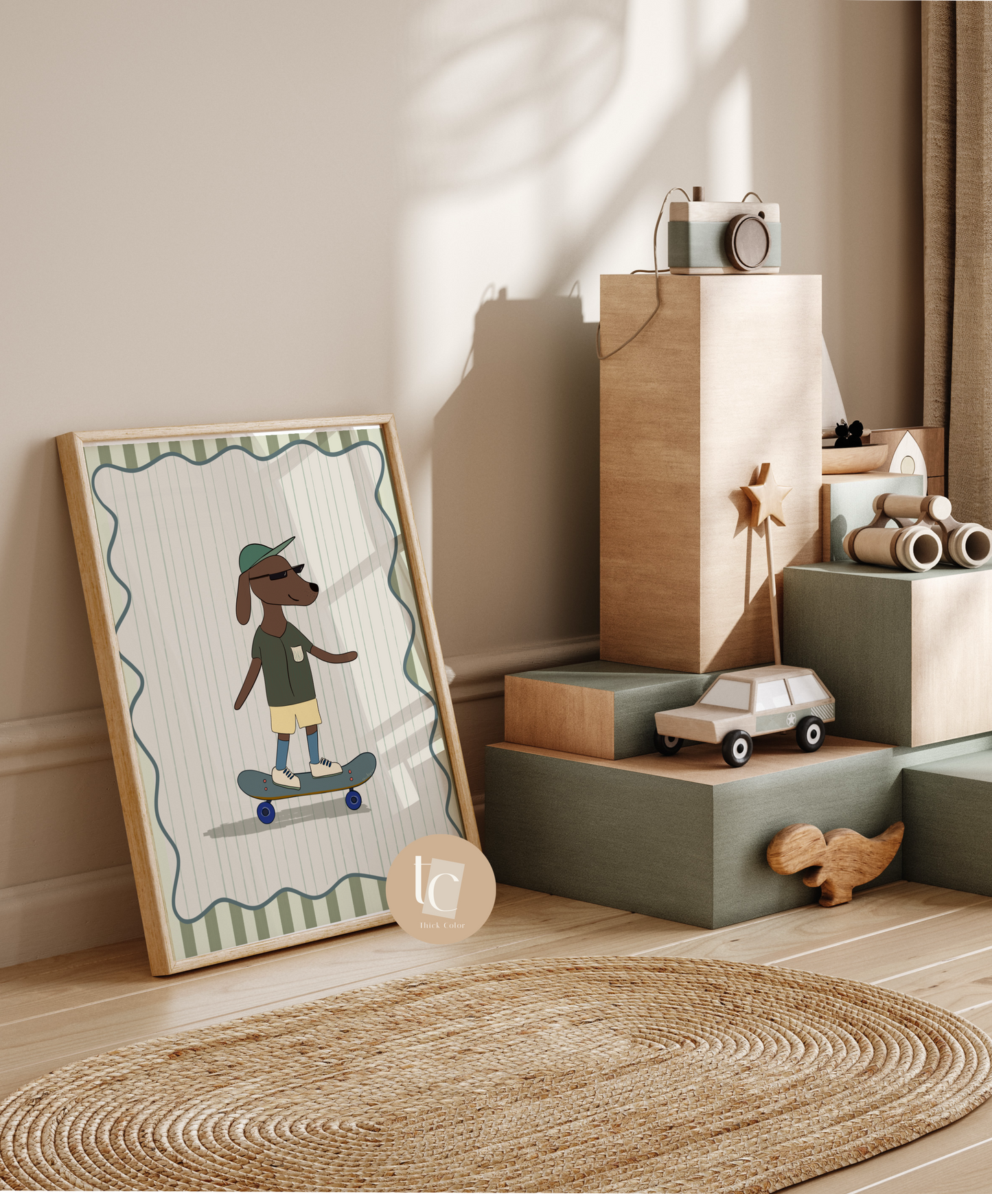 Cute Daschund dog skateboarding with striped background Nursery print