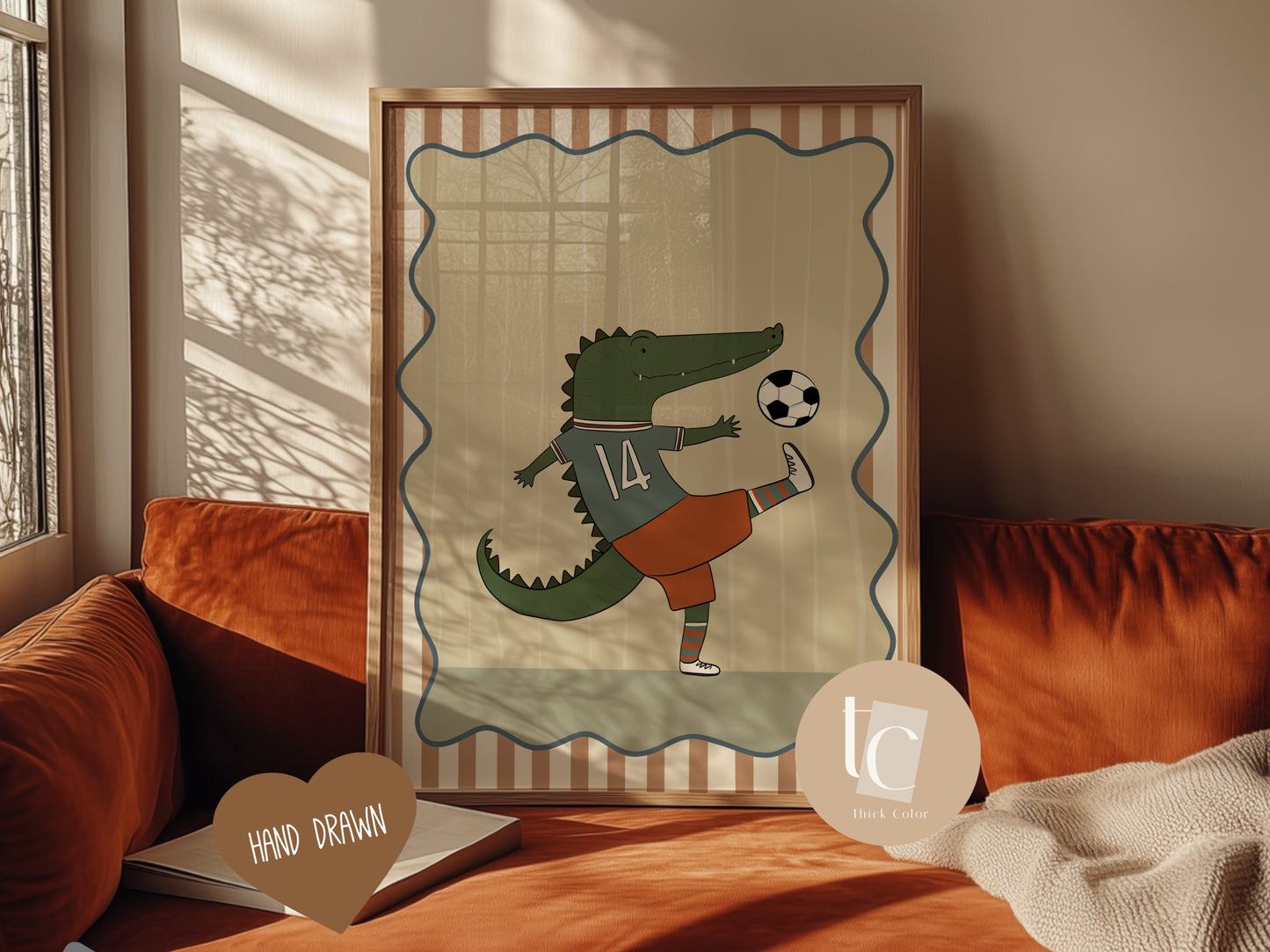 Cute Crocodile playing soccer with striped background Nursery print